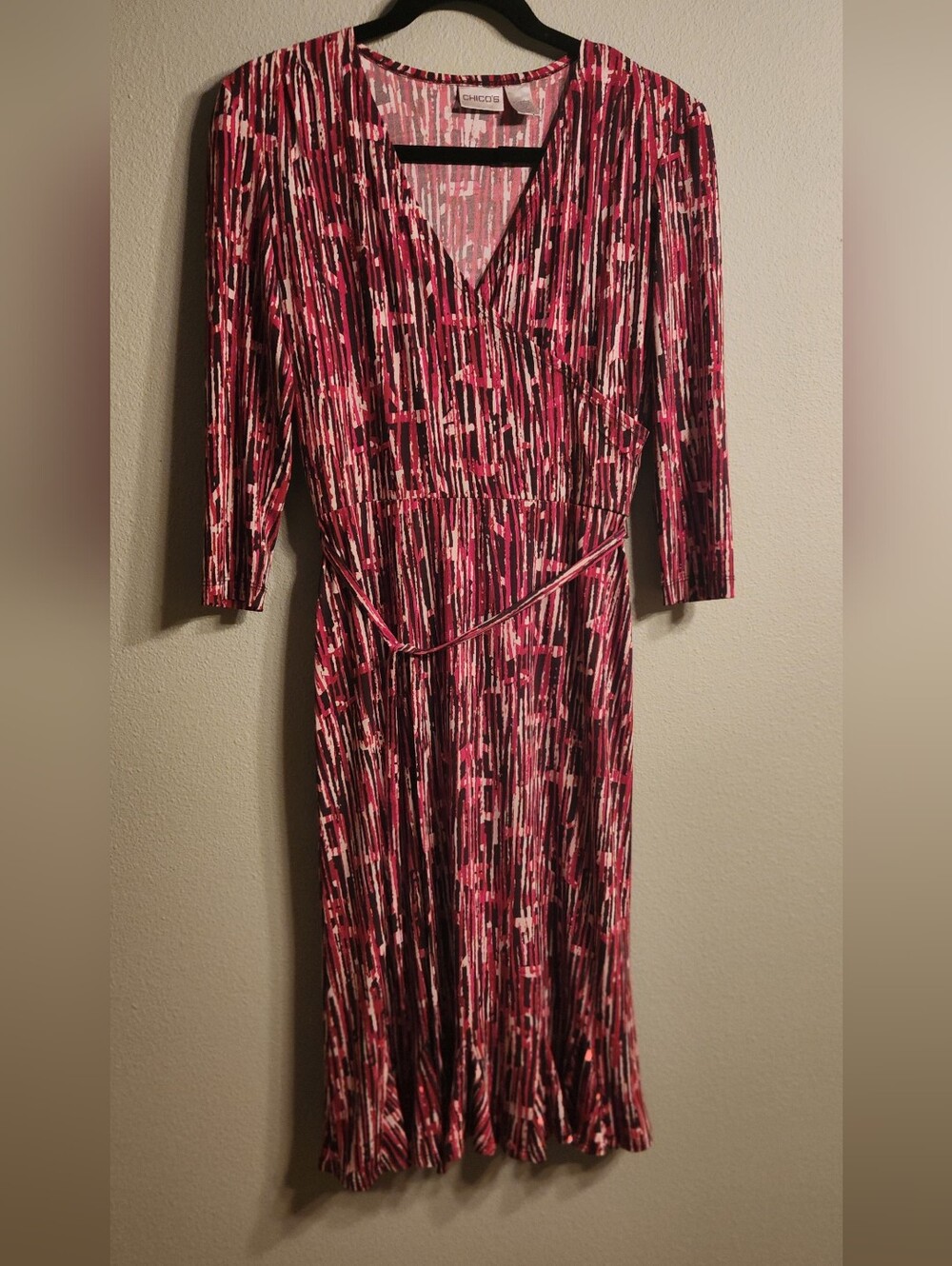 Chico's Pink, Beige, Brown Striated Patterned  Faux Wrap 3/4 Sleeve Dress - Sz 0